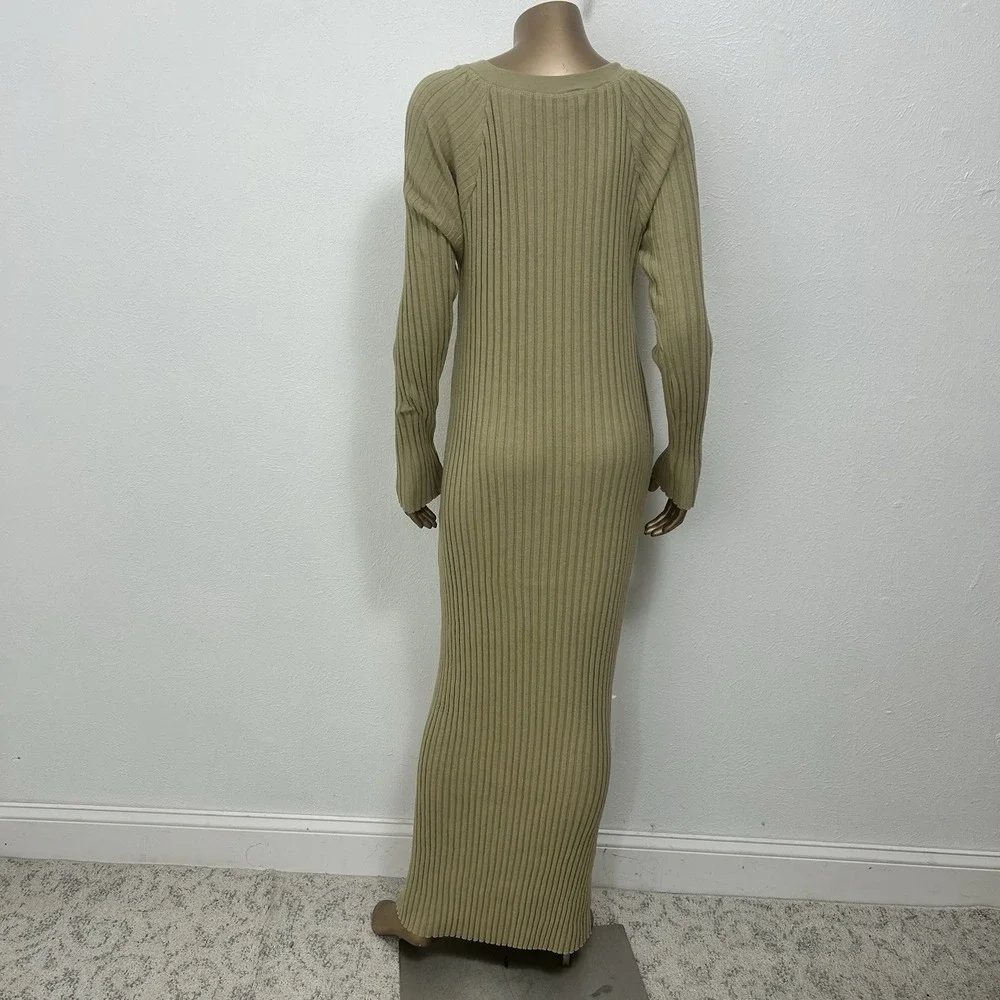 Free People Beach Khaki  Walk About Ribbed Long Sleeve Maxi Dress Bodycon Size L